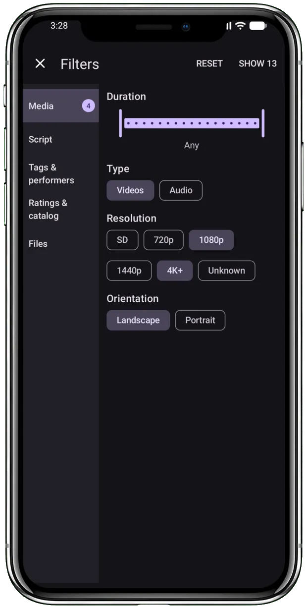 The full-screen filters page, its categories on the side and the number of videos left on the save button