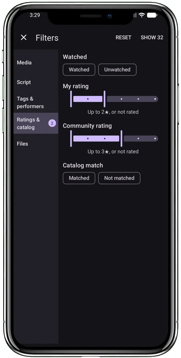 The rating filters as ranges of stars