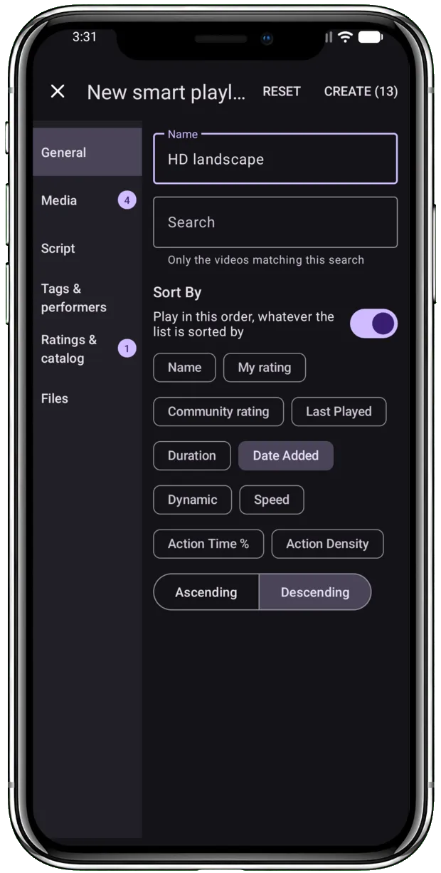 The full-screen smart playlist editor on its General page